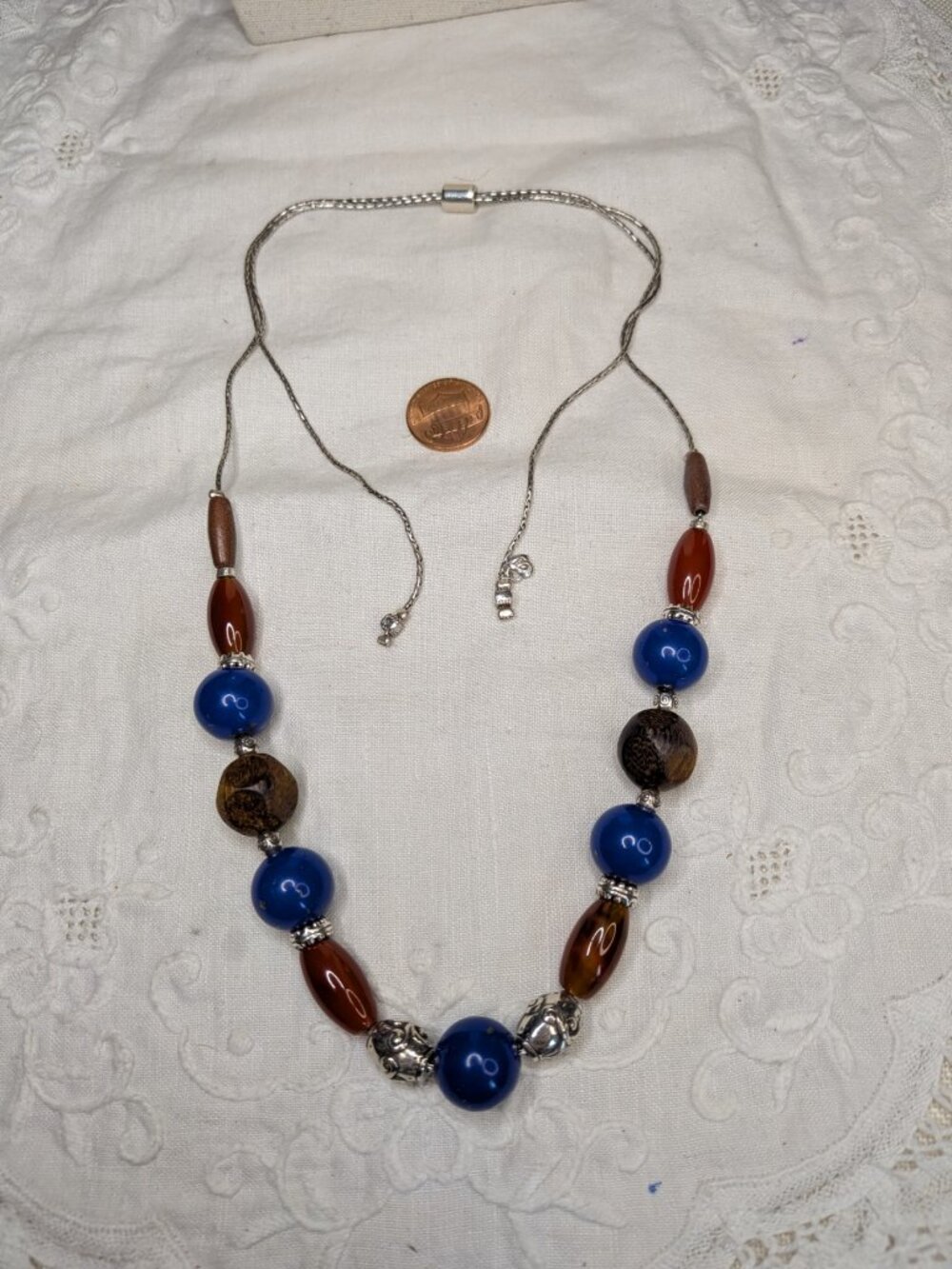 Brighton SOL Adjustable Necklace – Blue & Rust Beads with Silver Accents